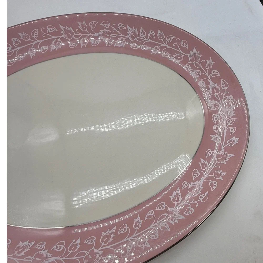 Flintridge China Pink White Floral Vine Oval Serving Platter California MCM‎ Vtg